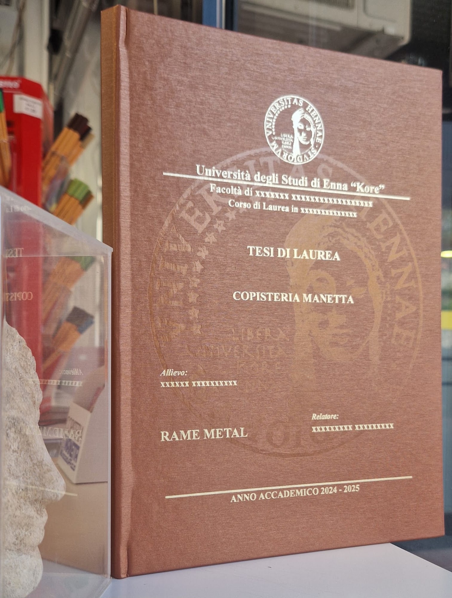 Copertina tesi finitura metallica rame con incisione
